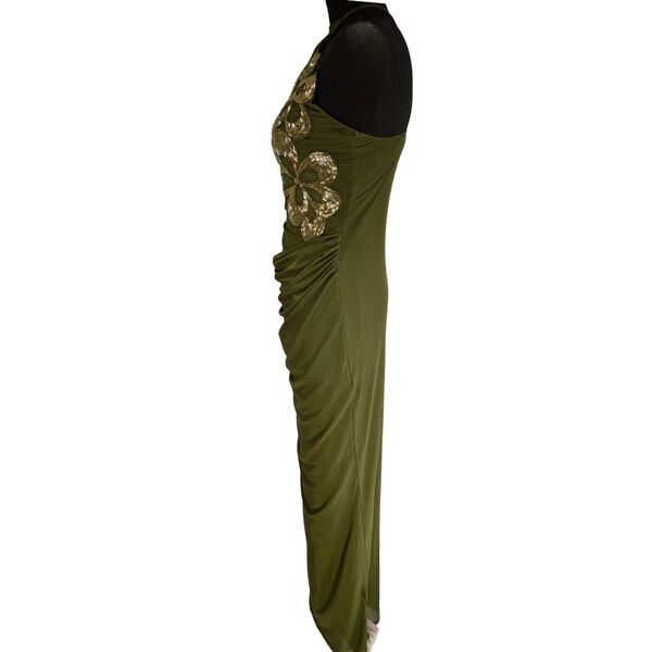 ASOS DESIGN Sukienka Wieczorowa Maxi Złote Haftowane Kwiaty Oliwa Khaki Rozmiar XS 34 - zdjęcie 5