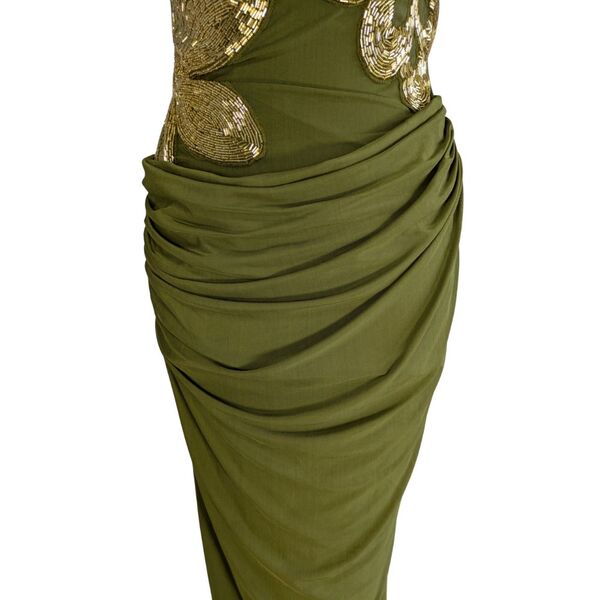 ASOS DESIGN Sukienka Wieczorowa Maxi Złote Haftowane Kwiaty Oliwa Khaki Rozmiar XS 34 - zdjęcie 13