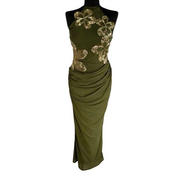 ASOS DESIGN Sukienka Wieczorowa Maxi Złote Haftowane Kwiaty Oliwa Khaki Rozmiar XS 34 - zdjęcie 6