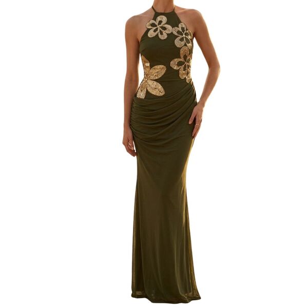 Oliwkowa wieczorowa sukienka maxi ASOS DESIGN Cekiny Koraliki Rozmiar 34