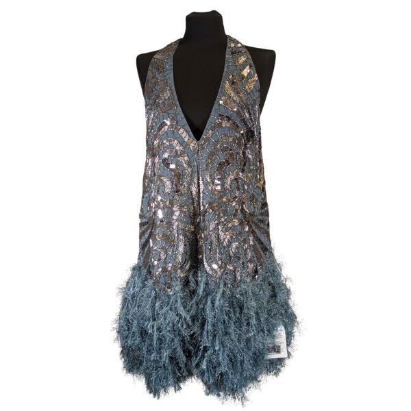 ASOS Edition – Niebieska Sukienka Mini z Piórami i Cekinami 34