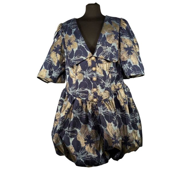 ASOS Luxe – Granatowo-Złota Sukienka Mini Bombka w Kwiaty – 48