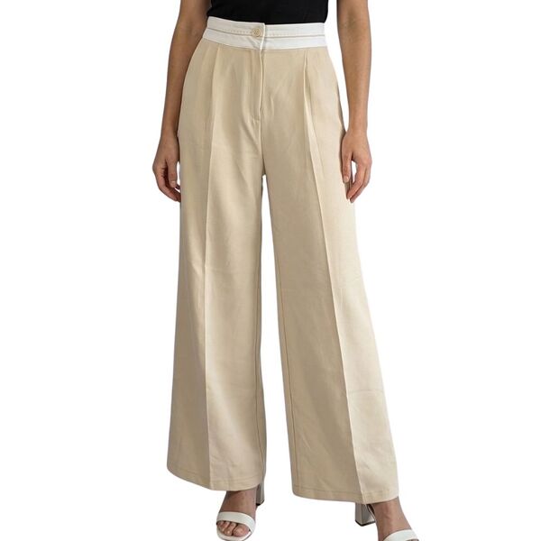 Beżowe Spodnie Szerokie HELLIE M (38) Kontrastowy Pas