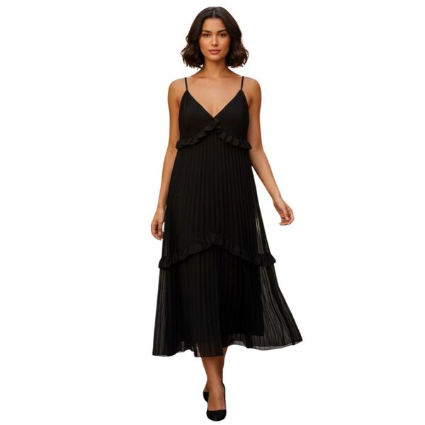 boohoo Plus – Czarna Plisowana Sukienka Midi z Falbanami 54