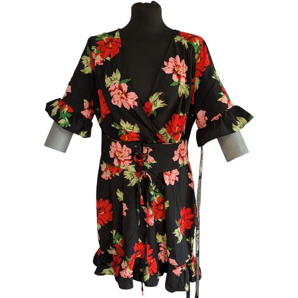 PrettyLittleThing Sukienka Mini Wiązana Kwiaty Czarna 44 - zdjęcie 4