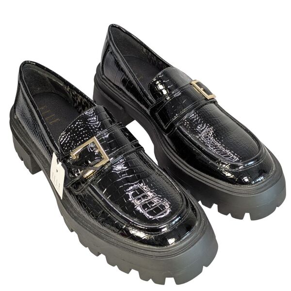 ELLE Mokasyny Damskie Lakierowane Czarne Platforma Złota Klamra 40