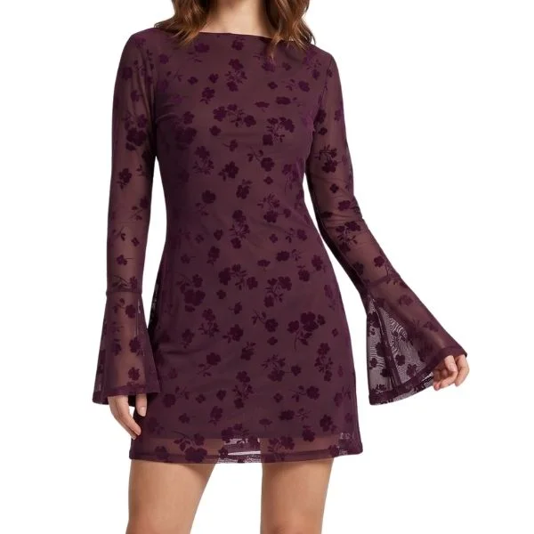 ASOS Śliwkowa Sukienka Mini z Siateczki Devoré Rozkloszowane Rękawy 36/38 S/M