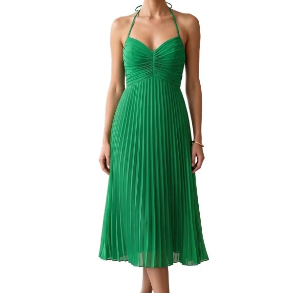ASOS Zielona Sukienka Midi Plisowana Halter z Odkrytymi Plecami 38 M (z metki 40)