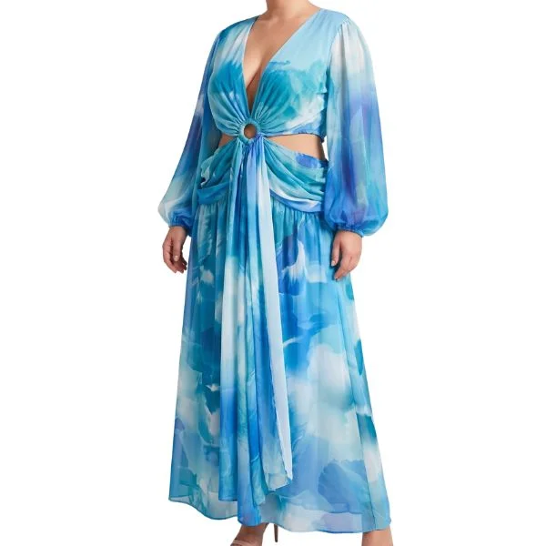 boohoo Błękitna Szyfonowa Suknia Maxi z Wycięciami Cut-Out 46 3XL (z metki 50)