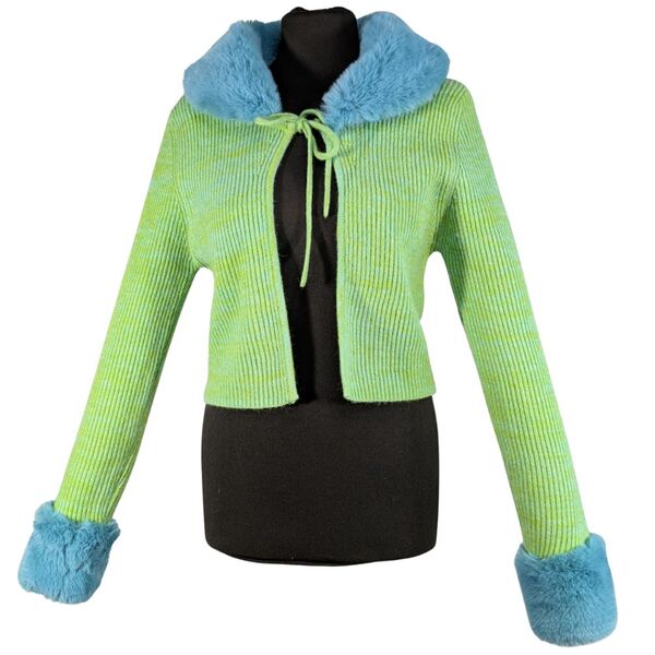 Zielony Kardigan z Błękitnym Futerkiem Reclaimed Vintage 38