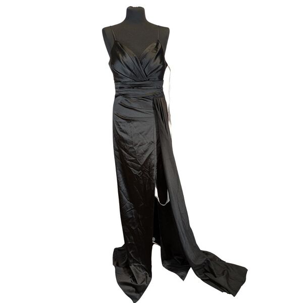 La Faba – Czarna Satynowa Sukienka Maxi z Rozcięciem – 42