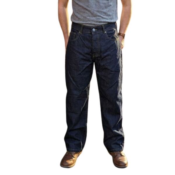 boohooMAN – Męskie Jeansy Loose Fit Indigo z Żółtymi Szwami R. 52