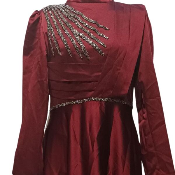 Mihir Istanbul Bordowa Suknia Maxi z Biżuteryjnym Zdobieniem 40 - zdjęcie 6