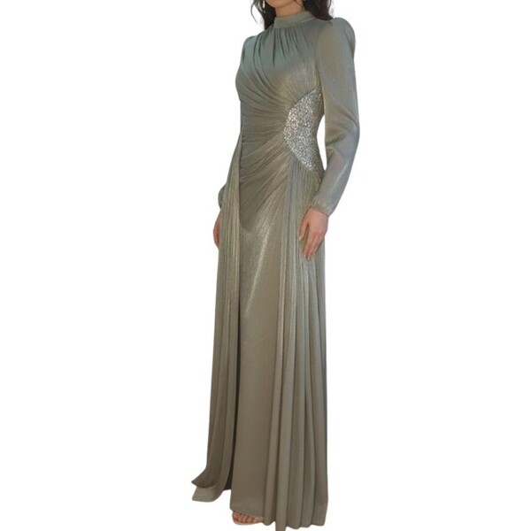 Elegancka suknia wieczorowa maxi MIHIR ISTANBUL Sage Gold z kryształami Rozmiar 40