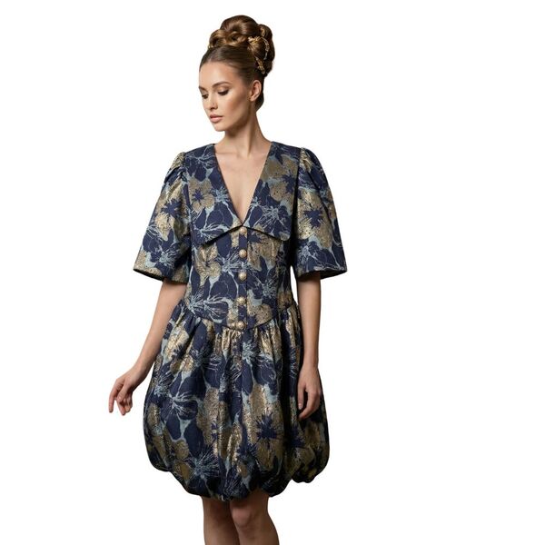 ASOS LUXE – Sukienka Żakardowa Bombka Granat Złoto R. 48