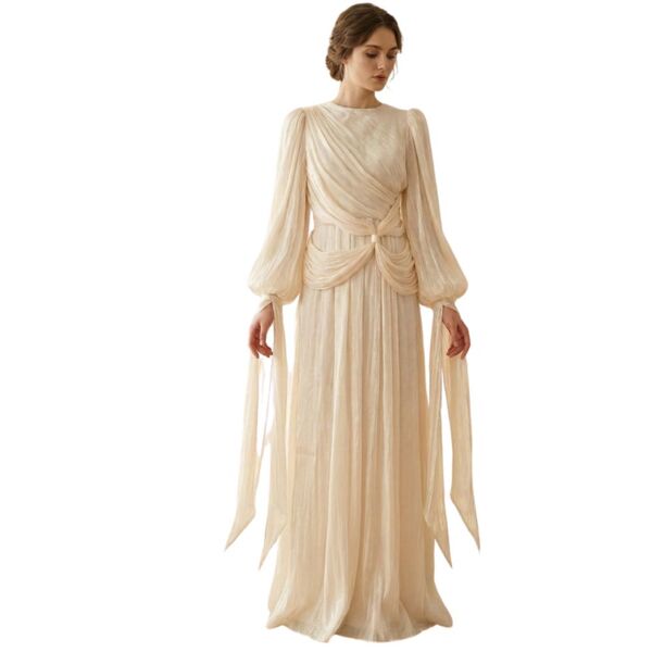 Mihir Istanbul – Szampańska Suknia Maxi z Gniecionej Tkaniny -Rozmiar 44