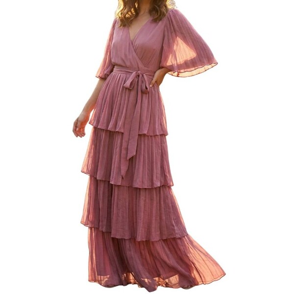 Plisowana suknia wieczorowa maxi ASOS DESIGN falbany brudny róż Rozmiar 44