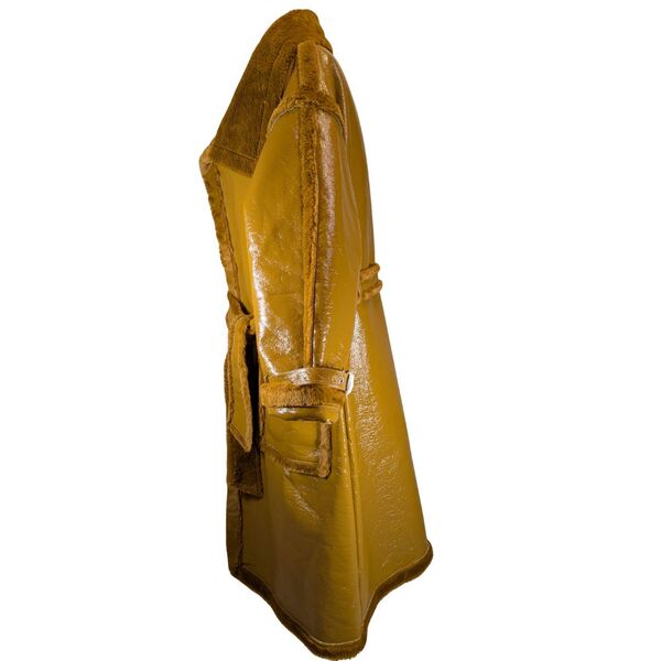 Camelowy Winylowy Płaszcz Midi z Futerkiem Plus Size PLT UK 24 UE52 - zdjęcie 4