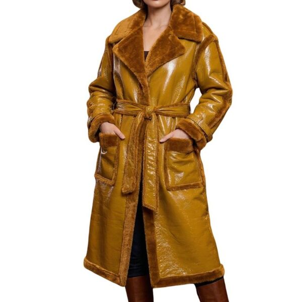 Płaszcz Midi Z Winylowej Ekoskóry Z Futerkiem PrettyLittleThing Camel 52