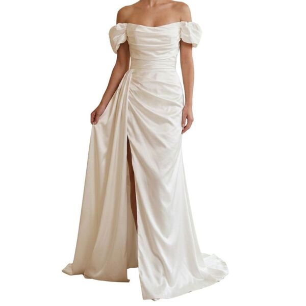 Satynowa Suknia Ecru ECRIN Bufki Drapowanie 40