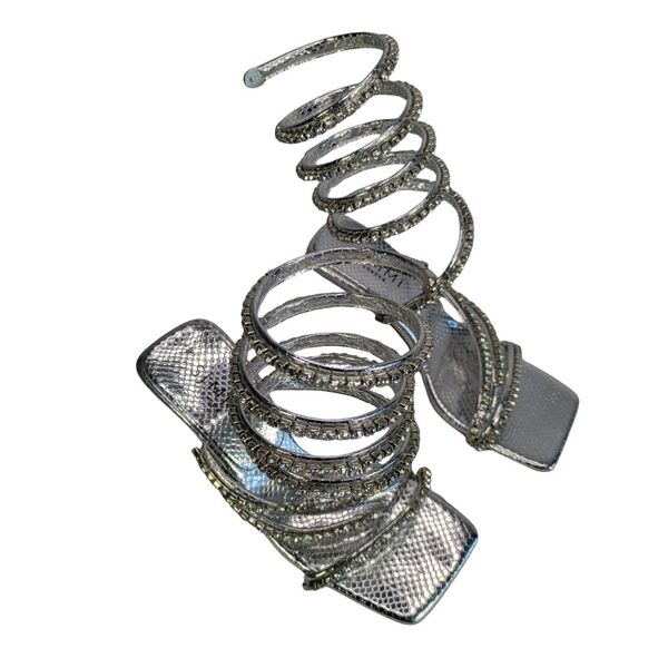 Simmi London – Srebrne Sandały z Kryształkami i Wężowym Wzorem – 36