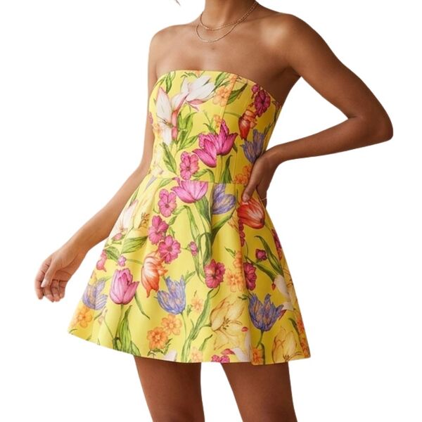 Żółta Sukienka Gorsetowa Koktajlowa OASIS w Kwiaty Tulipany Rozmiar 42 XL