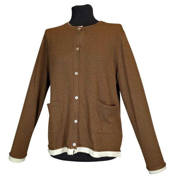 Brązowy Sweter Rozpinany ZARA z Białym Wykończeniem L