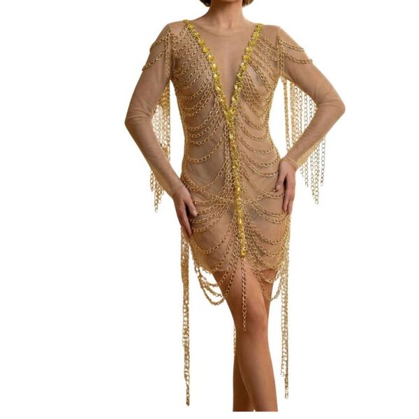 Transparentna Sukienka Mesh z Ciężkimi Złotymi Łańcuchami