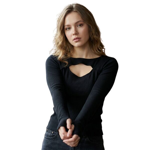 Trendyol – Czarny Top z Długim Rękawem (Otwór na Kciuk) 40 (L)