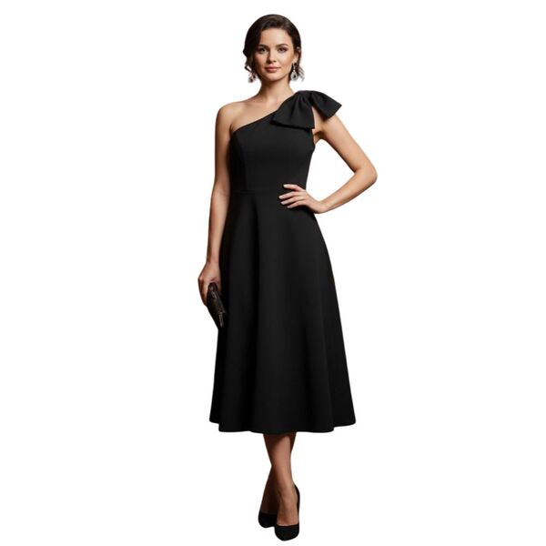 Trendyol – Czarna Sukienka Midi One Shoulder z Kokardą 42